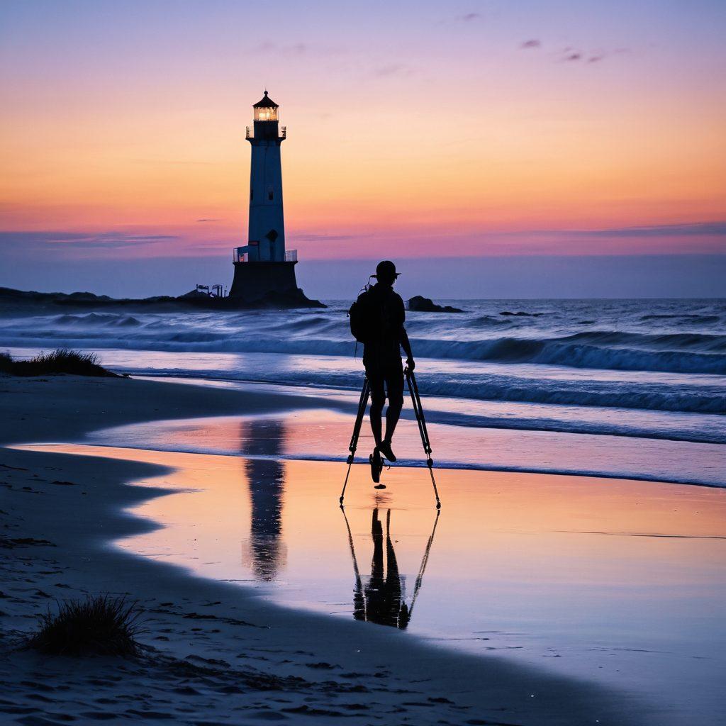 A picturesque beach scene at twilight, with soft, melancholic hues in the sky and gentle waves lapping at the shore. A photographer in stylish beachwear is capturing a fleeting moment with a vintage camera, surrounded by essential photography gear like lenses and tripods laid out creatively. Silhouetted elements of sea oats and a distant lighthouse enhance the subtle mood. The scene evokes nostalgia and emotion. dreamy and soft focus. vibrant colors. super-realistic.